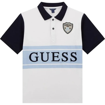 GUESS Oversize бяла тениска за момче с яка, тъмно сини ръкави и голям надпис Guess