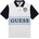 GUESS Oversize бяла тениска за момче с яка, тъмно сини ръкави и голям надпис Guess