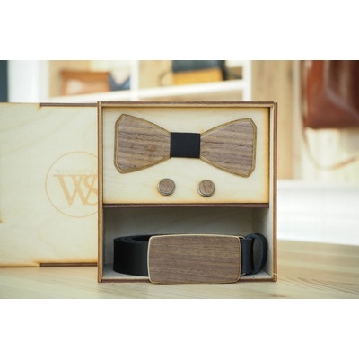 Wood Style Set Hranatý Ořech americký opasek motýlek a manžetové knoflíčky černá
