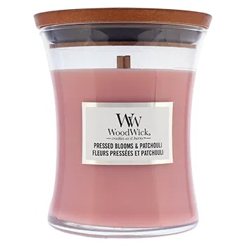 WoodWick Pressed Blooms & Patchouli ароматна свещ с дървен фитил 275 гр