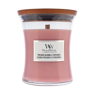 WoodWick Pressed Blooms & Patchouli ароматна свещ с дървен фитил 275 гр