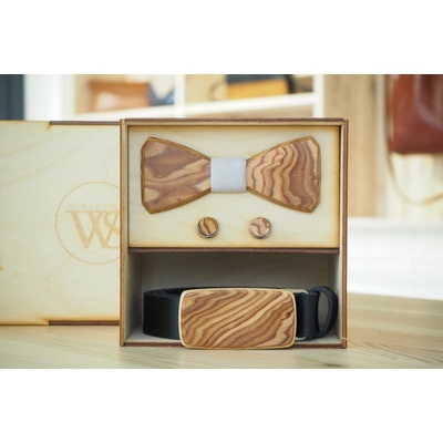 Wood Style Set Hranatý Kořenice opasek motýlek a manžetové knoflíčky Šedá