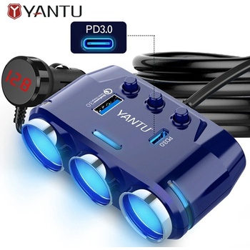 YANTU Разклонител за запалка yantu b39-c, 3 Гнезда Волтметър, usb, usb type-c (b39-c)