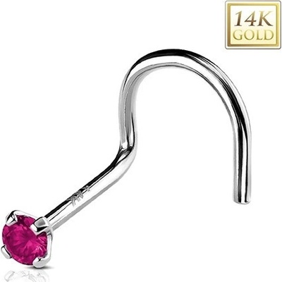 Šperky eshop zlatý zahnutý piercing do nosu kulatý tmavě růžový zirkon S1GG222.21
