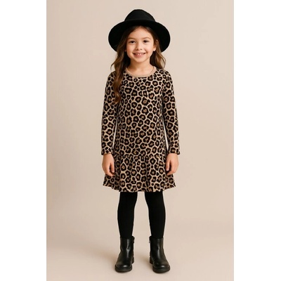 Fashionkids dievčenské leopardie šaty s volánom, áčkový strih bežová
