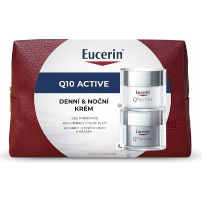 Eucerin Q10 Active Eucerin Q10 Active vyhladzujúci krém proti vráskam 50 ml + Eucerin Q10 Active regeneračný nočný krém proti vráskam 50 ml kometická taštička