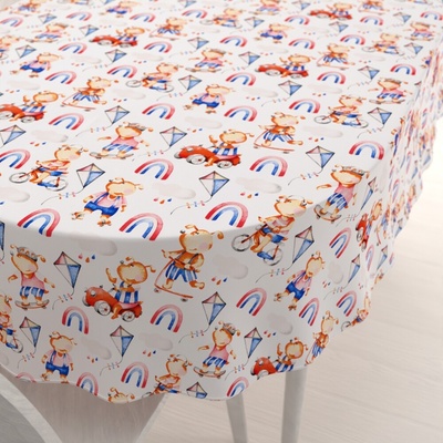 Biante Detský bavlna oválny obrus Sandra SA-521 Modro-červení psíkovia s autami na bielom 50x100 cm