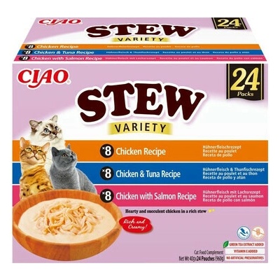 INABA Cat Ciao Stew Creamy Variety mix pamlsků s kuřecím, tuňákem a lososem v krémové omáčce 24 x 40 g