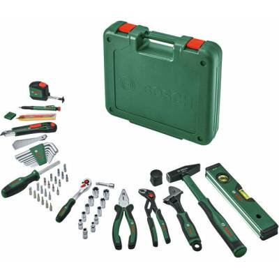 BOSCH – Sada ručného náradia, kliešte, račňa 1/4", kladivo, meter, vodováha, bity, 73 ks 1.600.A03.9HZ