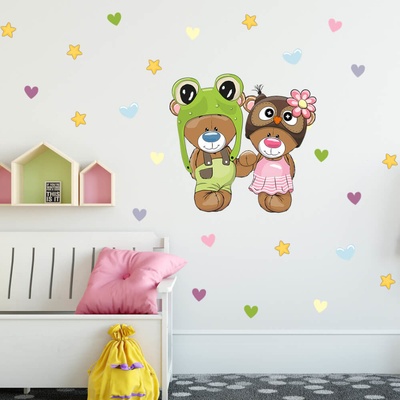 INSPIO Samolepka Samolepky do dětského pokoje - Kamarádi pod hvězdami hvězdy a oblaka, zvířata, medvědi a sovy modrá, zelená, žlutá, rudá, šedá, růžová, fialová, plnobarevný motiv rozměry 83x72