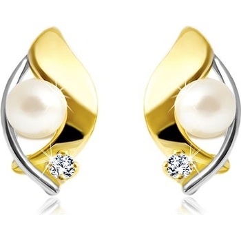 Šperky eshop náušnice zo zlata dvojfarebné zrnko biela perla a číry zirkón GG21.38