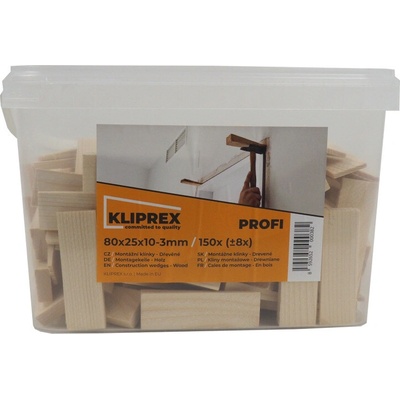 klinky drevené, montážne, v kýbliku, balenie 150 ks, 80 x 25 x 10 - 3 mm
