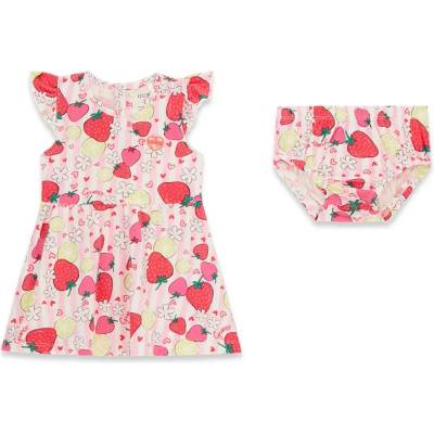 Guess Памучна рокля за бебе момиче в розово и бяло с ягоди с памперс гащички Guess