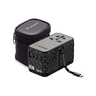 Verbatim CNT-02 GaN III 32127, Универсален адаптер за пътуване, 3x USB-C PD QC 4+, 1x USB-C kabel, 1x USB-A QC, черен, 85W (32127)