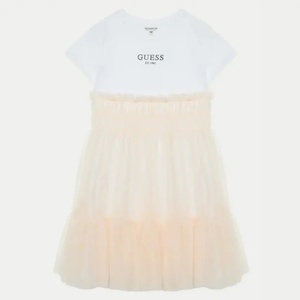 Guess Нежна комбинирана рокля за момиче с тюл в прасковено Guess