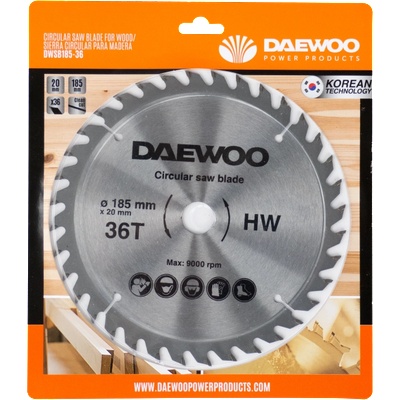 Daewoo Диск за ръчен циркуляр, за дърво, 185х20х36Т daewoo (dwsb185-36)