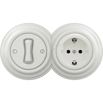 Reblig - Ретро еднополюсен ключ №1 и SCHUKO розетка 230V с бяла керамична рамка (RG0008E)