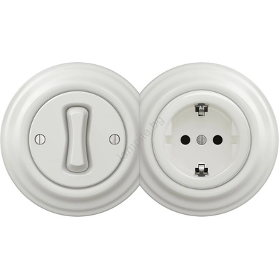 Reblig - Ретро еднополюсен ключ №1 и SCHUKO розетка 230V с бяла керамична рамка (RG0008E)