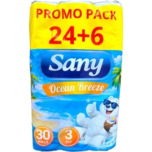  SANY, тоалетна хартия Ocean Breeze 3-пластова, промо пакет 24+6, 30 ролки