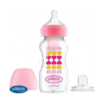Dr.Browns dojčenská antikoliková fľaša Options+ Wide-Neck 2v1 ružová s náustkom WB91604 270ml