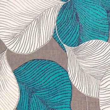 Dekoračná látka na záves sivá, biele a tyrkysové listy, š.150