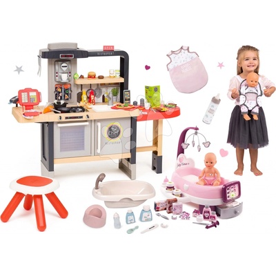 Smoby Set reštaurácia s elektronickou kuchynkou Chef Corner Restaurant a opatrovateľské centrum s vaničkou a nosítko s fľaškou a nočným úborom