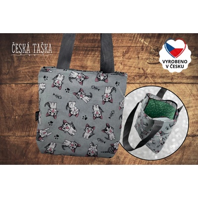 Česká Taška Taškokabelka HAPPY CATS L Česká ručně šitá taška se zelenou srdíčkovou podšívkou a zipem 38×38 cm