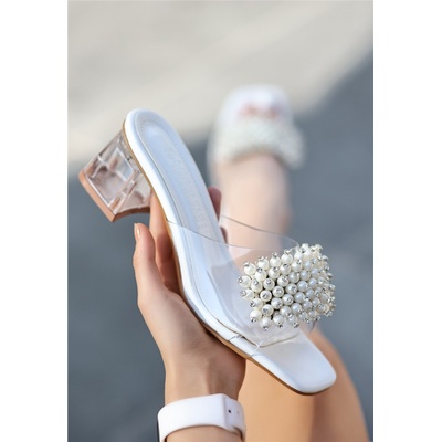 Erbil Shoes Дамски чехли с мъниста - Бели #371997 (371997_Бяло)