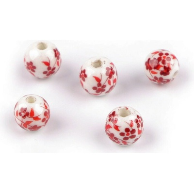 Porcelánové korálky s květy Ø8 mm, střední, 5 červená