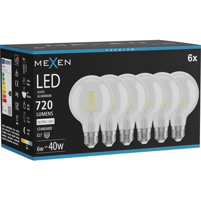 Mexen Vintis 6x LED филаментна крушка E27, G80, 6W, Неутрална - 4000K, 720 lm, прозрачна (L155-E27-0640-00x06)
