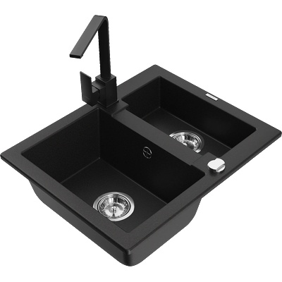 Mexen Carlos гранитна мивка с 1, 5 отделения и кухненски смесител Rita, черен - 6518-77-670300-70 (6518-77-670300-70)