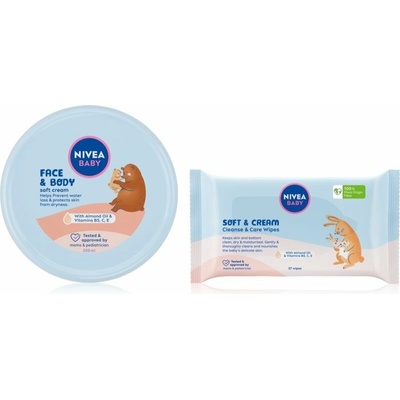 Nivea Baby Soft hydratační krém na obličej a tělo 200 ml + Nivea Baby Soft & Cream čisticí ubrousky 57 ks