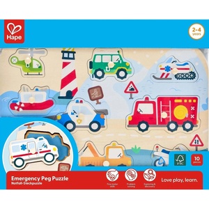 Hape Дървен образователен пъзел Hape - Emergency Vehicles Peg Puzzle, 9 части (H1457) - baby