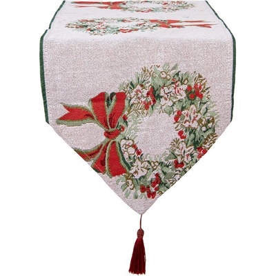 Clayre & Eef Béžový běhoun se střapcem a vánočními věnci Christmas Rustic 33x180 cm