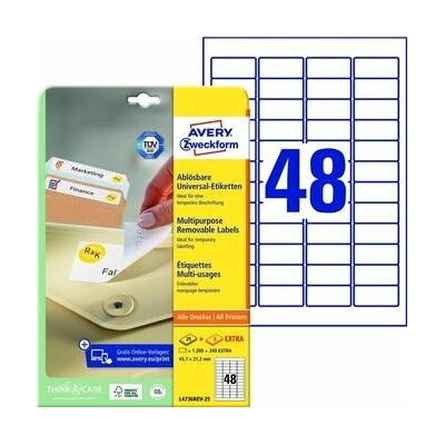 Etikety univerzálne odnímateľné 45,7x21,2mm Avery A4 25+5 hárkov