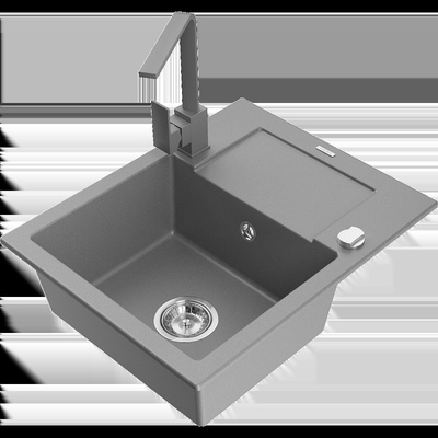 Enzo гранитна мивка с 1 отделение с отцедник и кухненски смесител Rita, сиво - 6506-71-670300-71 (6506-71-670300-71)