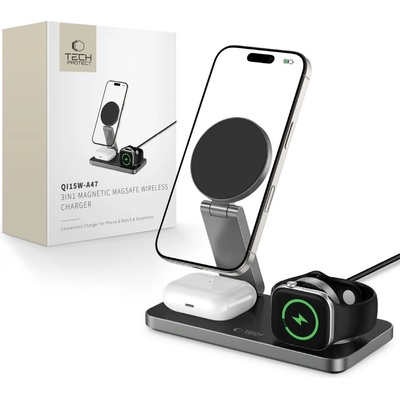 Станция за зареждане Tech-Protect QI15W-A47 MagSafe 3in1 Inductive Charger + USB-C Cable - Black (5906302362523)