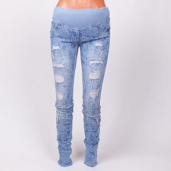 Еластични клин-дънки в синьо с нарязан ефект и бяла декорация за бременни