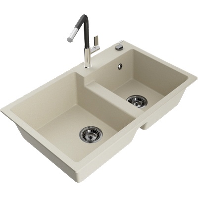 Mexen Tomas двоен гранитен мивка с кухненски смесител Flora, бежов - 6516-69-670401-07-B (6516-69-670401-07-B)