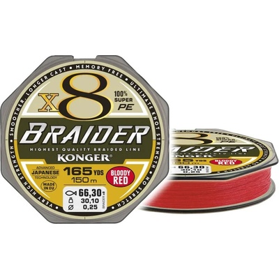Konger Splétaná šňůra Braider X8 Red 0,14mm, 150m