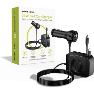 Mobile Origin Зарядно за кола с вградени два USB-C кабела и 2xUSB-C и 1xUSB-A изходи за мобилни устройства - Mobile Origin 5-in-1 Fast Car Charger 75W With Extension Cable (черен) (MO-75WCCH-CA23)