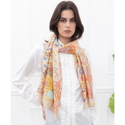 Classic Scarf Paisley šála na krk béžová s barevnými květinami vzorem