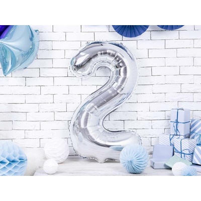 PartyDeco Fóliový balón číslo 2 strieborný 86 cm