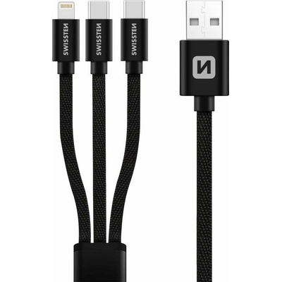 Swissten 72501103 3v1 2x USB-C (M) - Lightning (M) - USB-A (M), 60W, 3A, 1,2m, černý