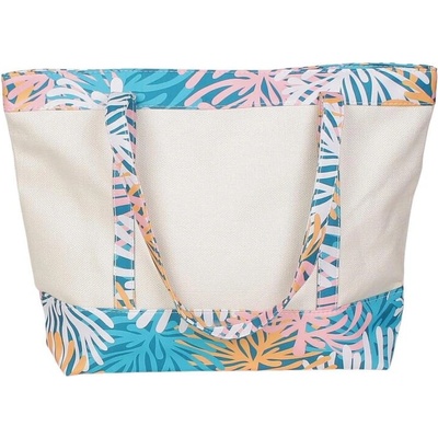 Плажна чанта в бежово с цветен принт