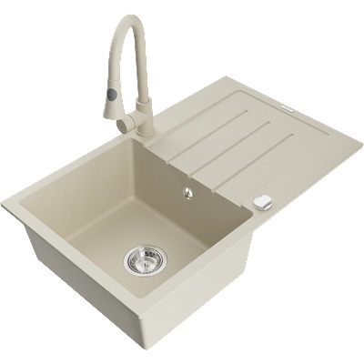 Mexen Bruno кухненска мивка от гранит с 1 отделение и сушилня и кухненски смесител Elia, бежов - 6513-69-670101-69 (6513-69-670101-69)