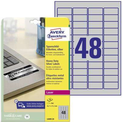 Avery-Zweckform L6009-20 typové štítky 45.7 x 21.2 mm poylesterová fólie stříbrná 960 ks trvalé laserová tiskárna kopír