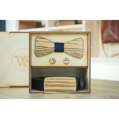 Wood Style Set Hranatý Modrotisk opasek motýlek a manžetové knoflíčky Hnědá Zebrano