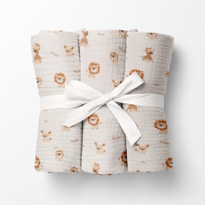 Biante Mušelínová plienka/dečka Nature MSN-084 Safari zvieratká na krémovo bielom 70x70 cm 3 ks