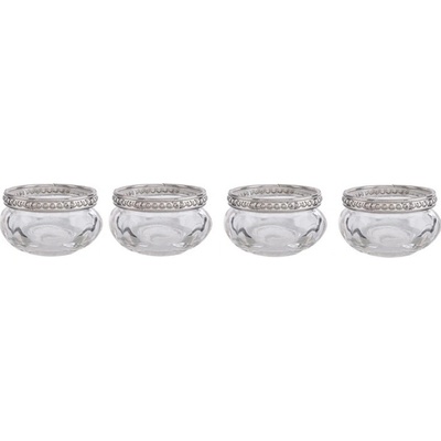 Set 4 skleněných transparentních svícnů na čajovou svíčku se stříbrným dekorem – 6x3 cm